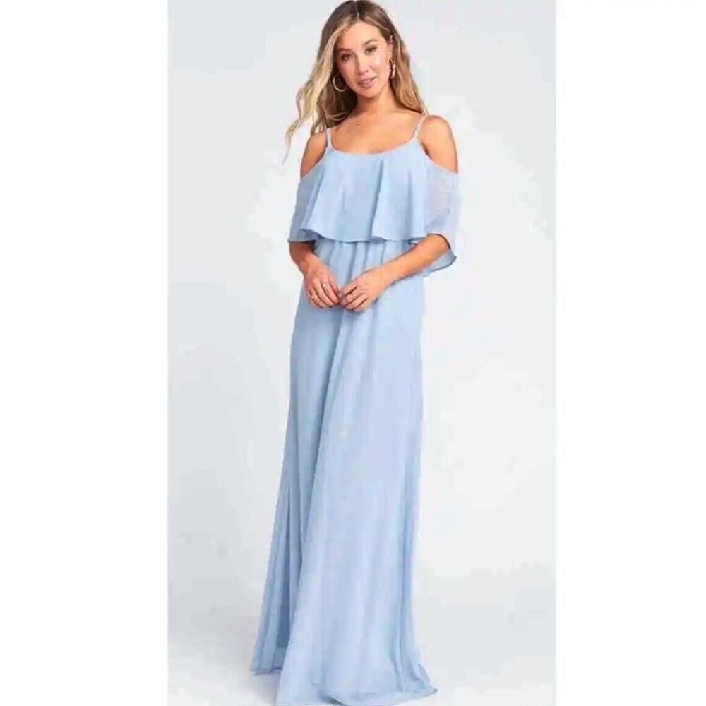 Show Me Your MuMu Sz M Caitlin Ruffle Blue SL24 Maxi Dress Bridesmaid $178